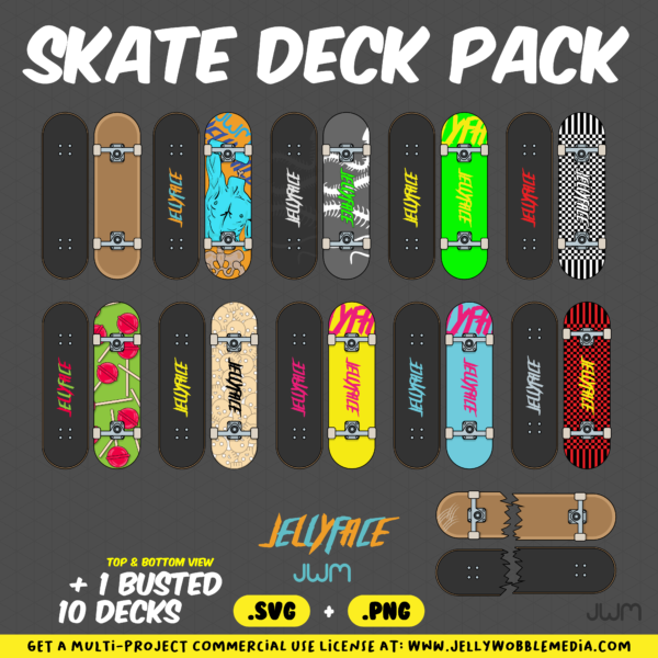 JWM Skate Deck Pack, 10 decks plus 1 busted Skate Deck Vector Game Graphics